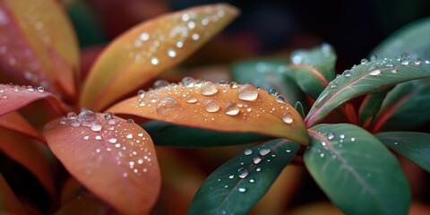 Vibrant leaves with water droplets on orange and green foliage