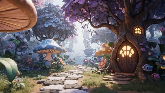 Enchanting Wonderland Path - A whimsical stone path winds through a fantastical forest, featuring oversized mushrooms, a treehouse with a glowing door, and floating teacups.