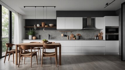 Modern kitchen featuring minimalist design with wooden accents, open shelving, and sleek appliances, ideal for cooking and entertaining.