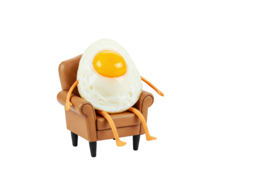 Isolated Fried Egg Character Sitting in an Armchair, Relaxing and Comfort Food Concept
