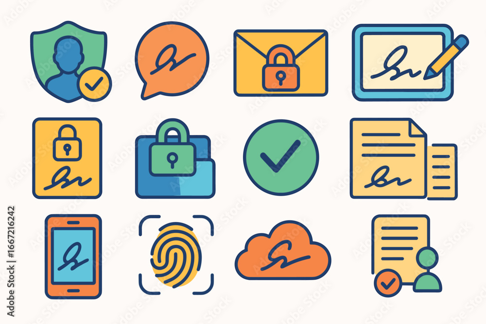 Poster digital security icon set: flat design for authentication and protection solutions