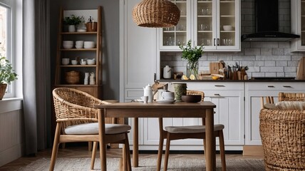 Obraz premium A serene, minimalist kitchen featuring a wooden dining table and wicker chairs, exuding warmth and natural beauty.