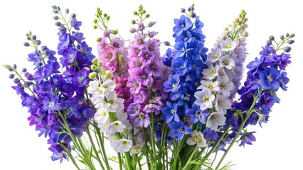 Elegant Arrangement of MultiColored Delphinium Flowers on a Clean White Background