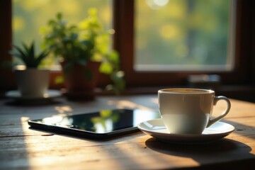 Obraz premium Tablet and coffee cup on rustic table, natural light , beverage, technology, still life