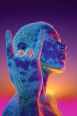 A person with blue skin raises hand in surreal colorful portrait showing strength, culture, creativity and imagination against vibrant sunset.