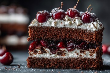 Delicious black forest cake showing layers of chocolate sponge, cream, and cherries