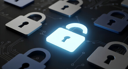 Glowing unlocked padlock icon on circuit board — cybersecurity breach concept, vulnerability, network access and digital security visualization