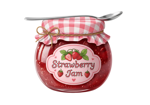 A glass jar of strawberry jam, adorned with a charming pink and white checkered lid and a sweet label, sits on a black backdrop.