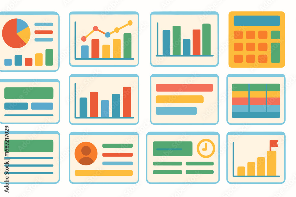 Aufkleber data analysis flat icon set for business management and report visualization