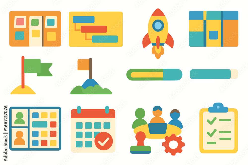 Poster business and project management flat icon set. workflow and planning icons collection
