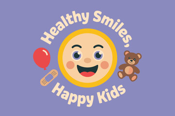 A cartoon image with a smiley face, a balloon, a band aid, and a teddy bear on a purple background