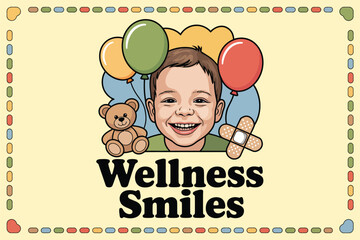 Cartoon image of a smiling boy with balloons, a teddy bear, and a bandage on a beige background frame