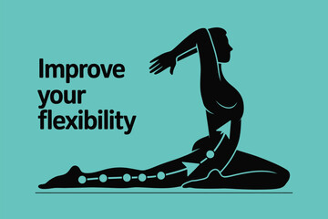 Illustration of a person in a yoga pose with arrows and circles showing flexibility improvement on teal