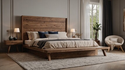A serene and stylish bedroom featuring a wooden bed frame, soft linens, and elegant decor elements for a cozy atmosphere.