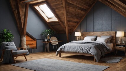 Cozy modern bedroom with wooden accents, featuring a king-size bed and stylish furnishings.