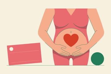 Illustration of pregnant woman in pink dress with heart on belly and card next to green circle shape