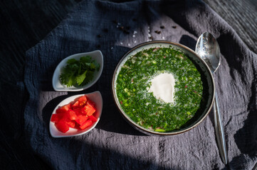 Traditional Russian lunch in a cafe. Top view of okroshka. 