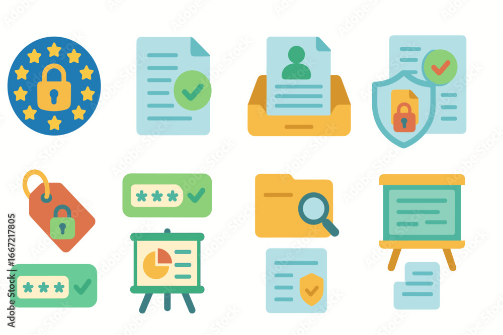 Poster security and privacy flat icon set. data protection and safety icons for web use
