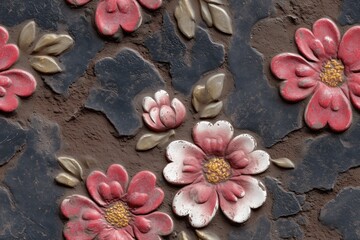 seamless pattern of ecorative pink floral tiles on textured plaster create an elegant vintage surface for interior design and heritage decor.