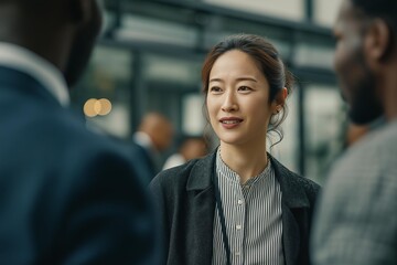 A professional woman smiles while chatting with colleagues in a modern office environment fostering collaboration and connection