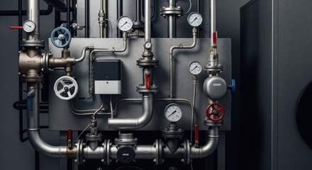 Complex industrial pipes and valves with pressure gauges in mechanical room
