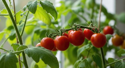 Vibrant red cherry tomatoes on lush green vine indoors by sunlit window