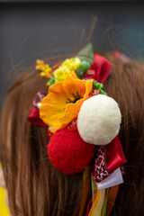 Detail of Ukrainian Wreath with Ribbons on woman head