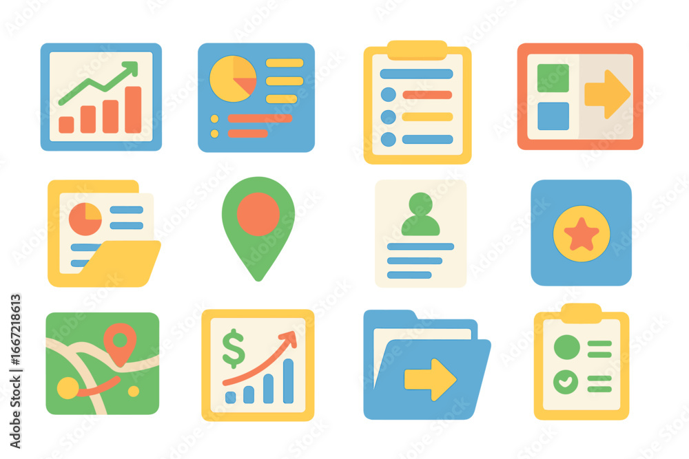 Poster data analysis flat icon set. charts, graphs, and analytics flat visual collection
