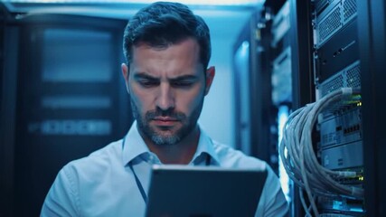 A man in a server room using a tablet, surrounded by servers, data cables, and equipment, illuminated by cool blue lighting - Powered by Adobe