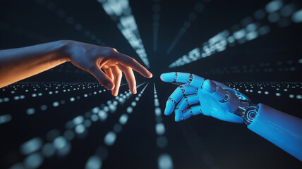 Human and Robot Hands Reaching Out in Digital Space