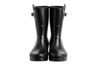 Pair of glossy black rubber boots, a close-up view against a dark background, showcasing durable material and simple design.