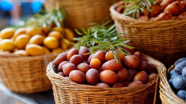 Baskets of fresh grapes and fruits at market for organic food branding, local produce or grocery store visual content photography