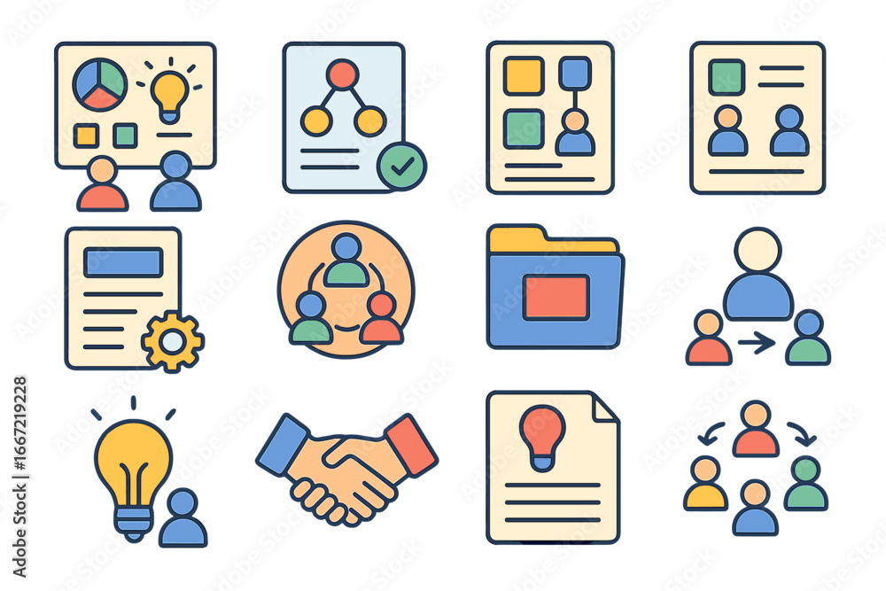Poster business management outline icon set. workflow, team, data symbols in outline style.