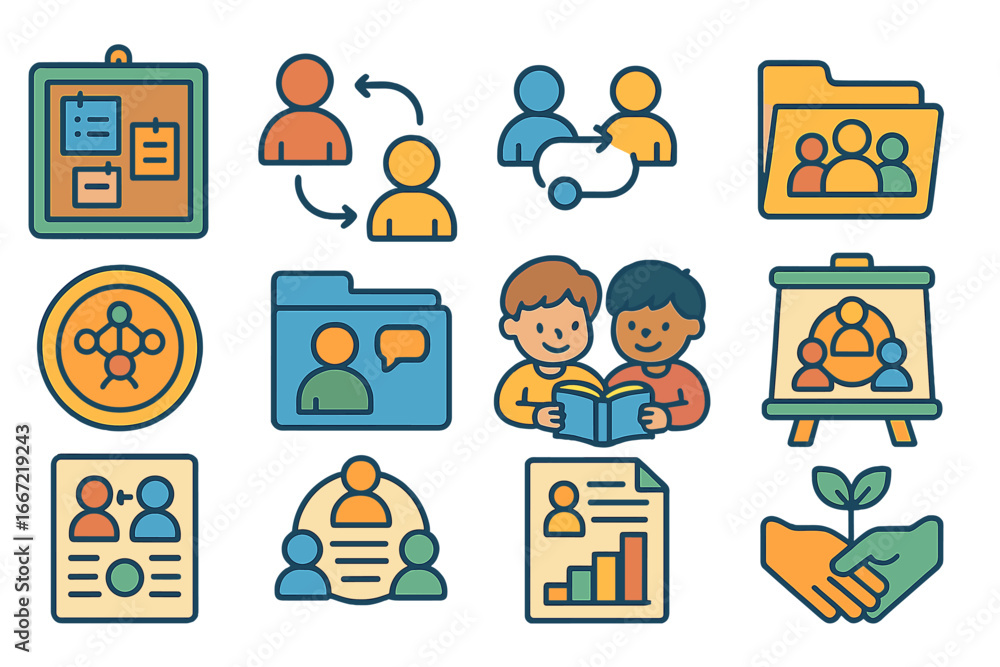 Aufkleber communication, collaboration outline icon set for teamwork and networking