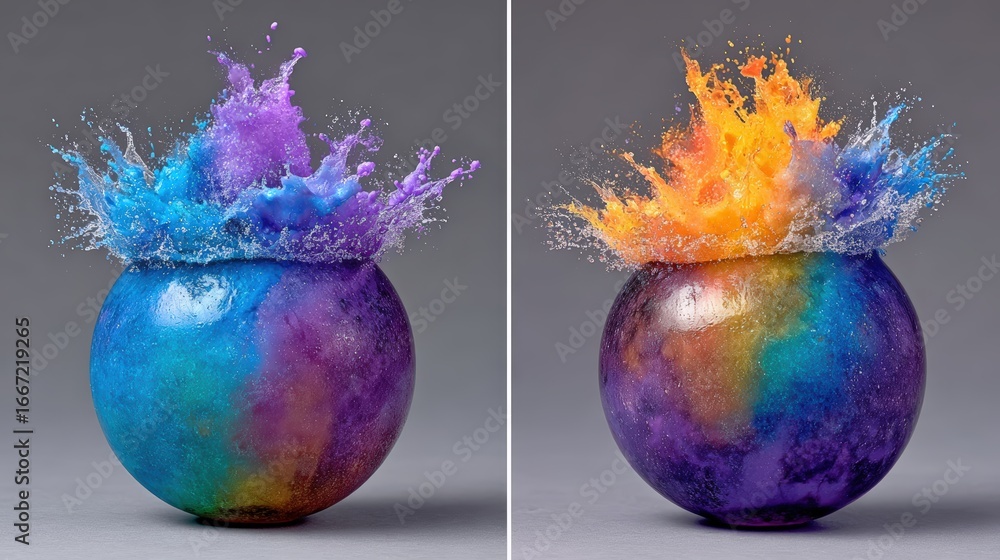 Poster a captivating image of vibrant water splashes erupting from a decorative pot. the colors are mesmeri