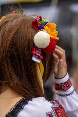 Detail of Ukrainian Wreath with Ribbons on woman head