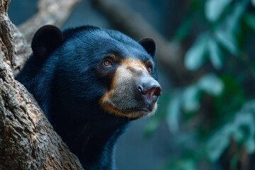 Sun bear hiding behind tree looking away