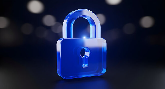 Glossy blue translucent padlock icon &mdash; digital security, data protection and cloud privacy concept