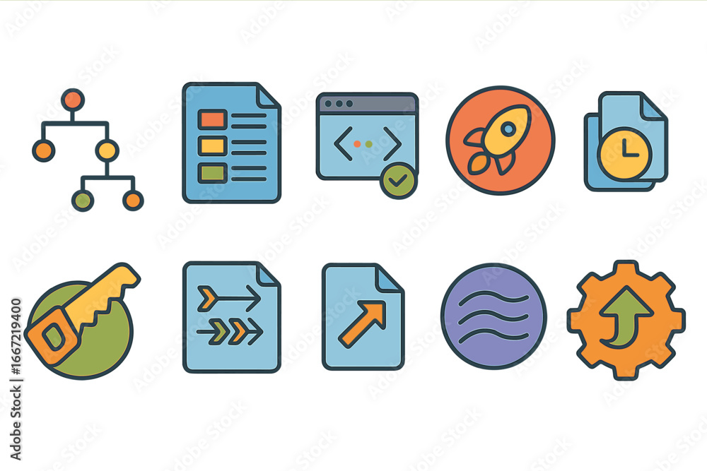 Poster technology, web development flat icon set. programming, coding icons flat collection