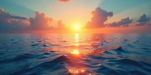 Fototapeta premium A breathtaking panoramic view of a vast, shimmering horizon where the sun's rays create a sparkling, ethereal effect on the water and sky, capturing the magic of dawn or dusk , ethereal, water