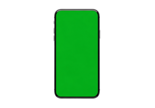 A modern smartphone, presented against a plain black backdrop, displays a vibrant green screen, showcasing its sleek design and technological capabilities.