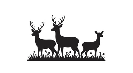 Elegant Deer Family Standing in Grass Silhouette Black and White Vector Illustration Minimalist Design for Nature and Wildlife Enthusiasts silhouette