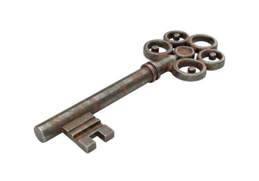 Isolated Old Rusty Skeleton Key with Ornate Handle