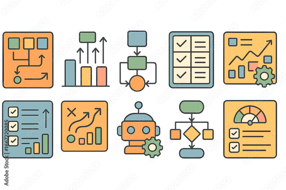 Poster workflow and data flow linear icon set. streamline process with chart elements
