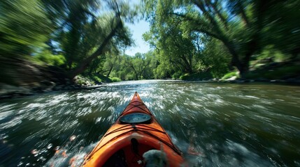 Medium shot of a kayaker pushing off from a riverbank the flowing water sharp in focus while lush riverbank vegetation remains artistically blurred.