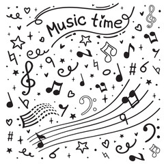 Hand-drawn musical doodles with the phrase &ldquo;Music time&rdquo;. Fun pattern of notes, clefs, and symbols on white background.