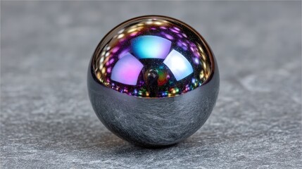 A macro photograph of a glossy sphere reflecting a vibrant array of colors, with a smooth surface, lying on a textured surface