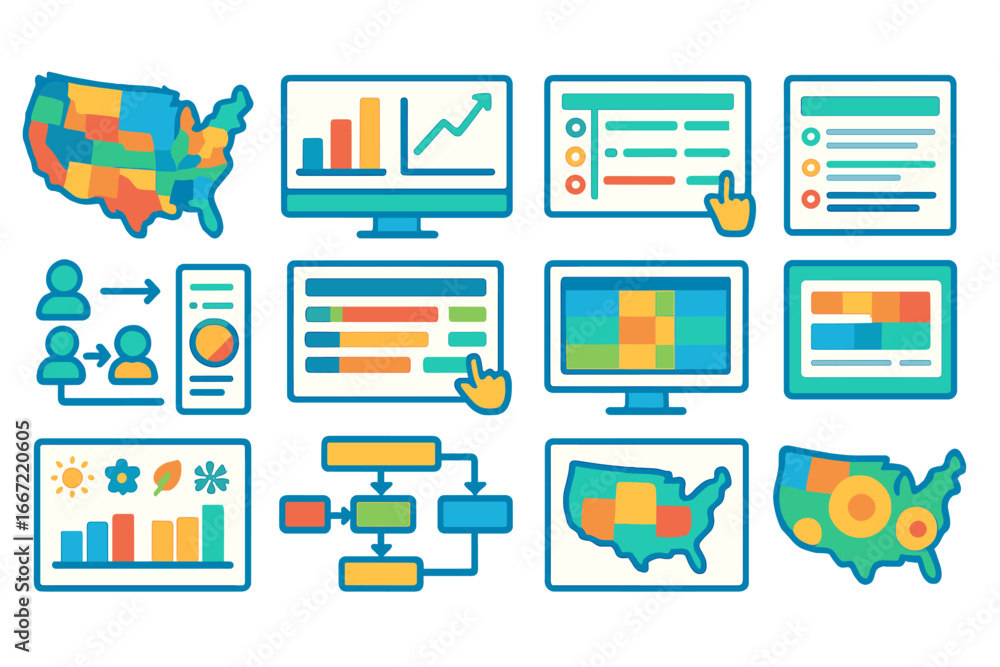 Aufkleber data analysis flat icon set. charts, analytics icons flat collection for visualization