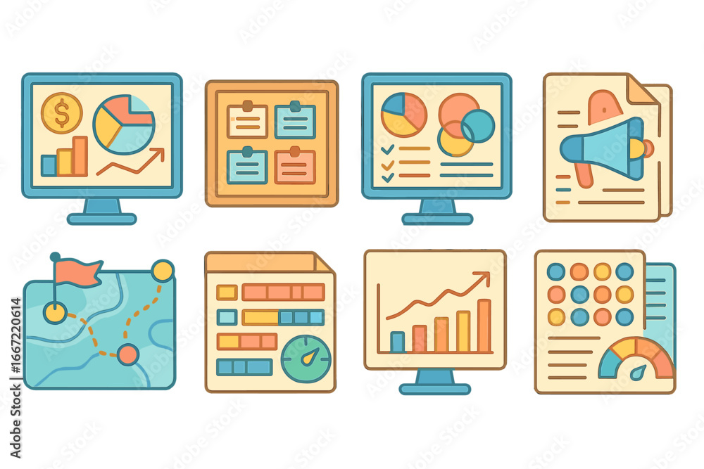 Poster data analysis flat icon set. charts, graphs, analytics icons in flat style