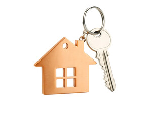 A single metal house shaped keychain attached to a silver house key isolated on transparent background
